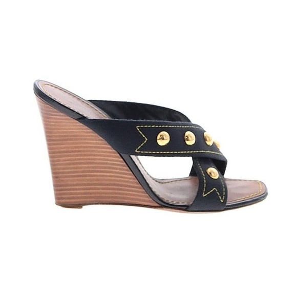 Authentic Louis Vuitton 05 Gold Stud Canvas Wedge Sole Sandals Sz 37.5 US 7.5 - Picture 3 of 10